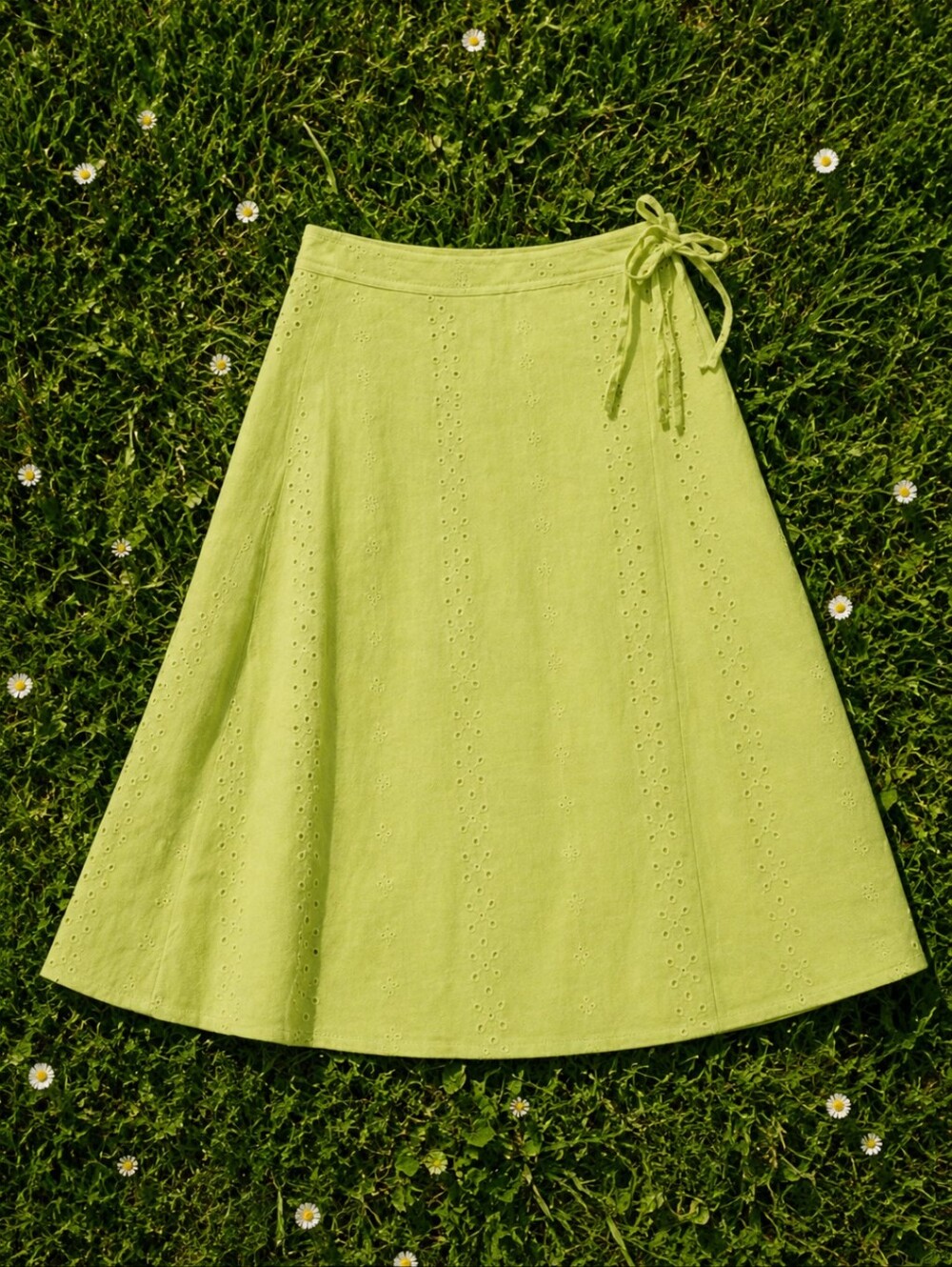 Linen Skirt Spring Green A-Line Knee-Length  Eyelet Skirt with Ties Sz 14